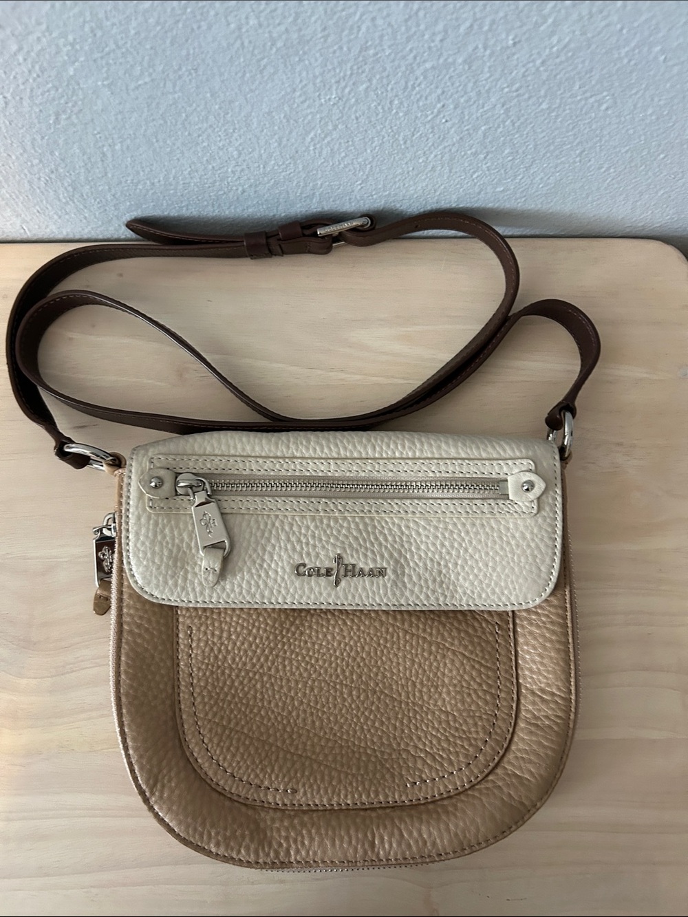 Cole Haan Cream and Tan Pebbled Leather Crossbody Bag with Brown Strap